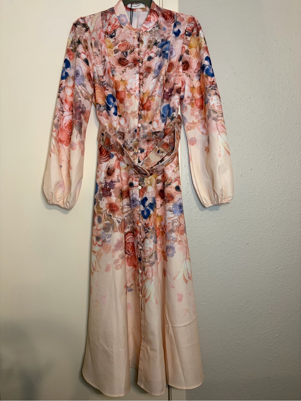 Commense Blush Pink Floral Long-Sleeve Midi Dress